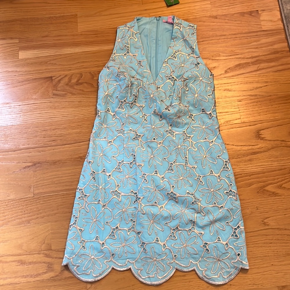 Lilly Pulitzer Aqua Blue Floral Eyelet Shift Dress